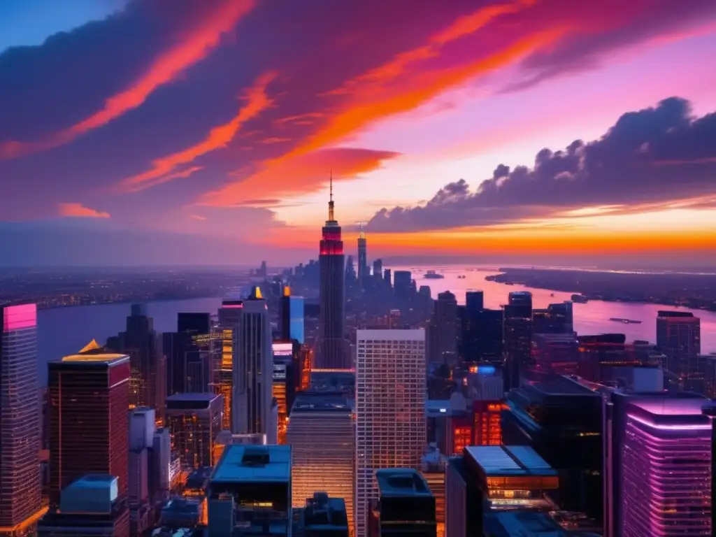 Ciudad vibrante al atardecer con rascacielos, luces y una catedral imponente