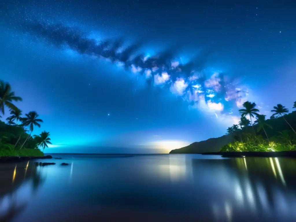 Festival Meteoritos Micronesia: Noche estrellada con paisaje tropical, meteoritos y la Vía Láctea