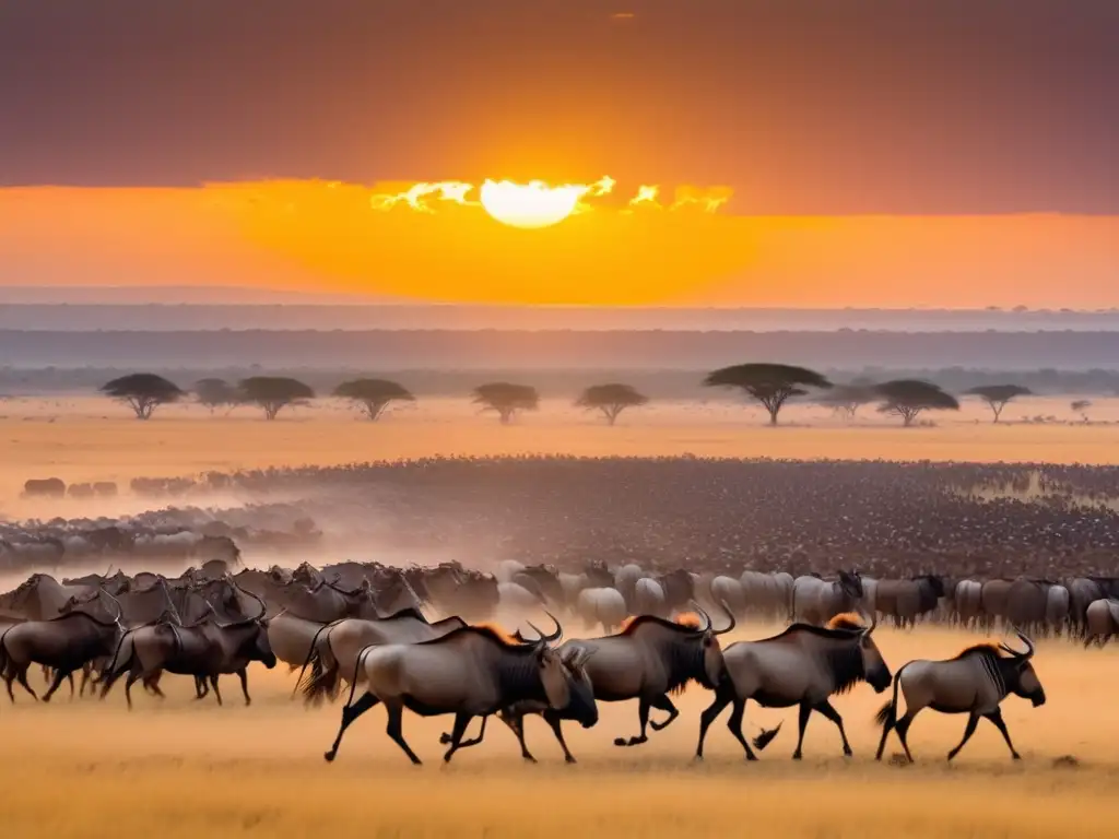 Festival migración ñus Kenia: Un majestuoso espectáculo de migración de ñus en la vasta sabana de Kenia al atardecer