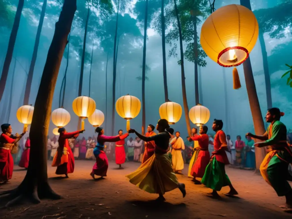 Festivales tradicionales misteriosos del mundo en un bosque encantado con luces y danza