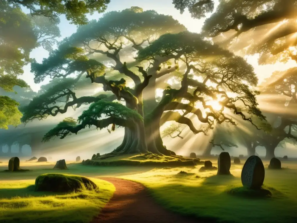 Misty forest clearing with stone circle and traditional European figures - Tradiciones de festivales europeos: Ritos de paso históricos y culturales