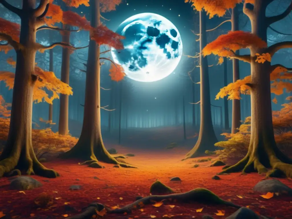 Descubriendo las raíces de Samhain: Halloween celta en un bosque místico bajo la luna llena con gente celebrando