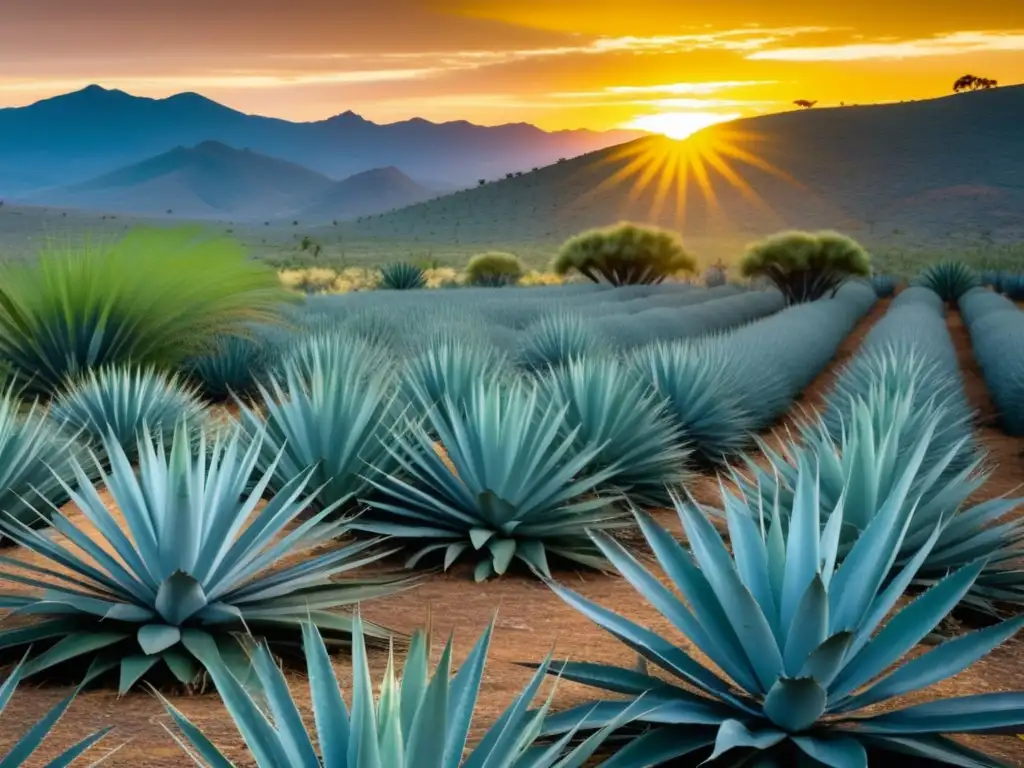 Imagen impactante de campos de agave al atardecer, con el sol dorado iluminando el paisaje