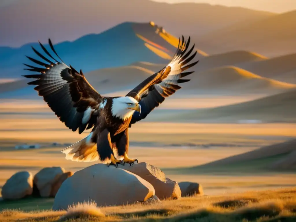 Paisaje de Mongolia al atardecer con águila majestuosa, yurtas coloridas y Festival del Águila