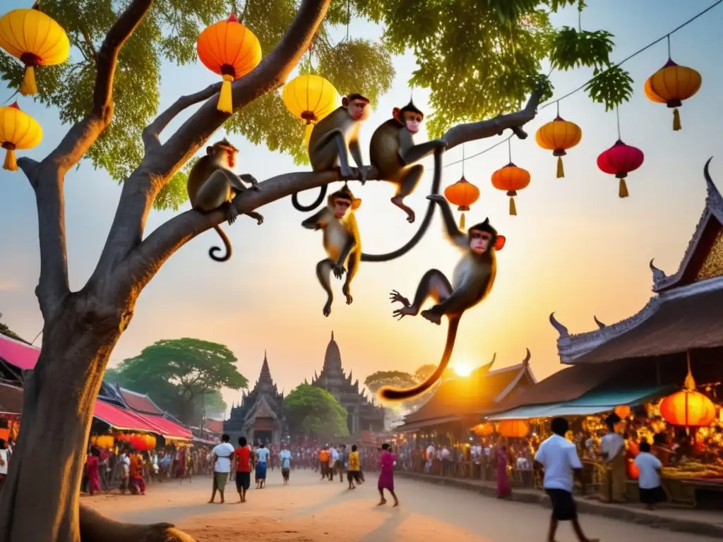 Celebración del Festival de los Monos en Tailandia: escena sorprendente con monos juguetones y vibrantes calles de Lopburi al atardecer