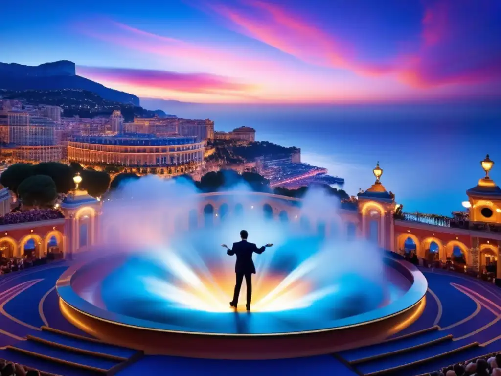 Festival de Magia en Monte Carlo: Escena hipnotizante con mago, atardecer y arquitectura elegante