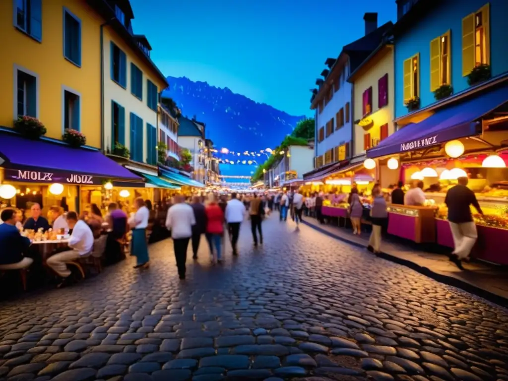 Festival Jazz Montreux: Tradición y diversidad en una calle animada, iluminada con suaves luces etéreas