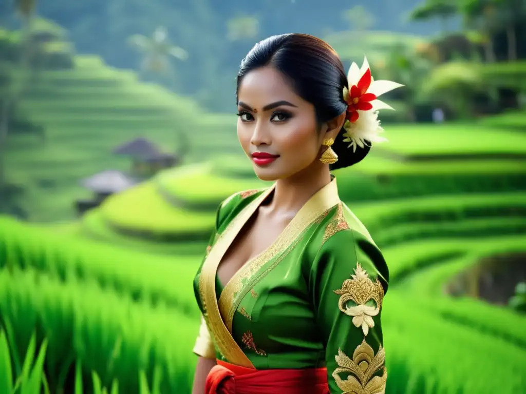 Simbolismo indumentaria Bali: mujer Balinesa con kebaya y sarong, en paisaje verde y mágico de arrozales