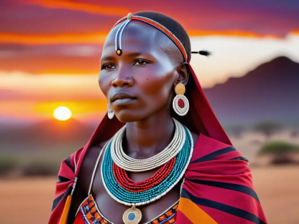 Mujer Masai en atuendo tradicional, simbolizando el significado de la indumentaria y festivales (110 caracteres)