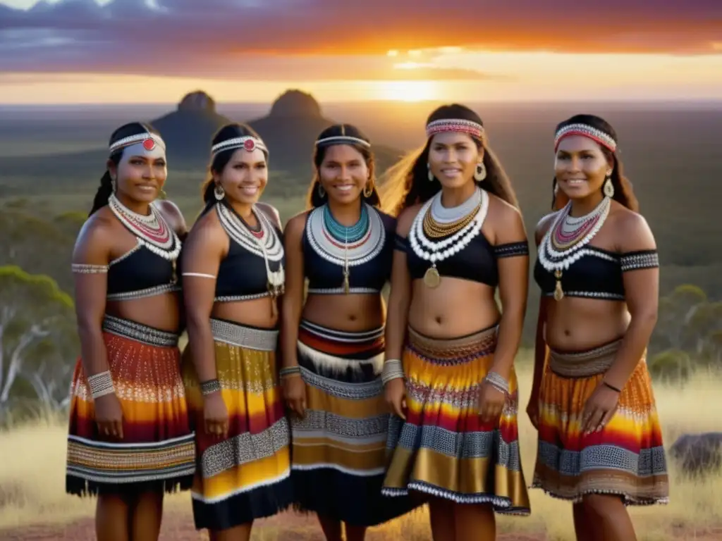 Mujeres aborígenes con atuendos tradicionales en paisaje australiano, transmiten orgullo y conexión a su herencia cultural