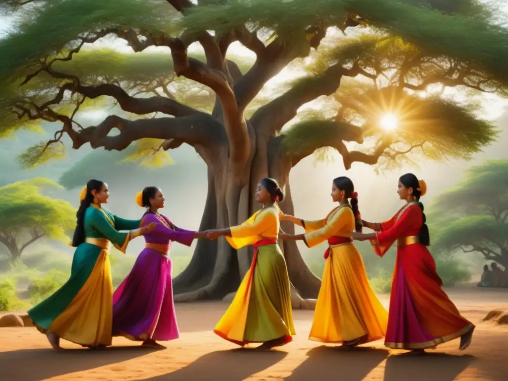 Mujeres en festivales tradicionales danzando bajo árbol antiguo, preservando tradiciones ancestrales (110 caracteres)