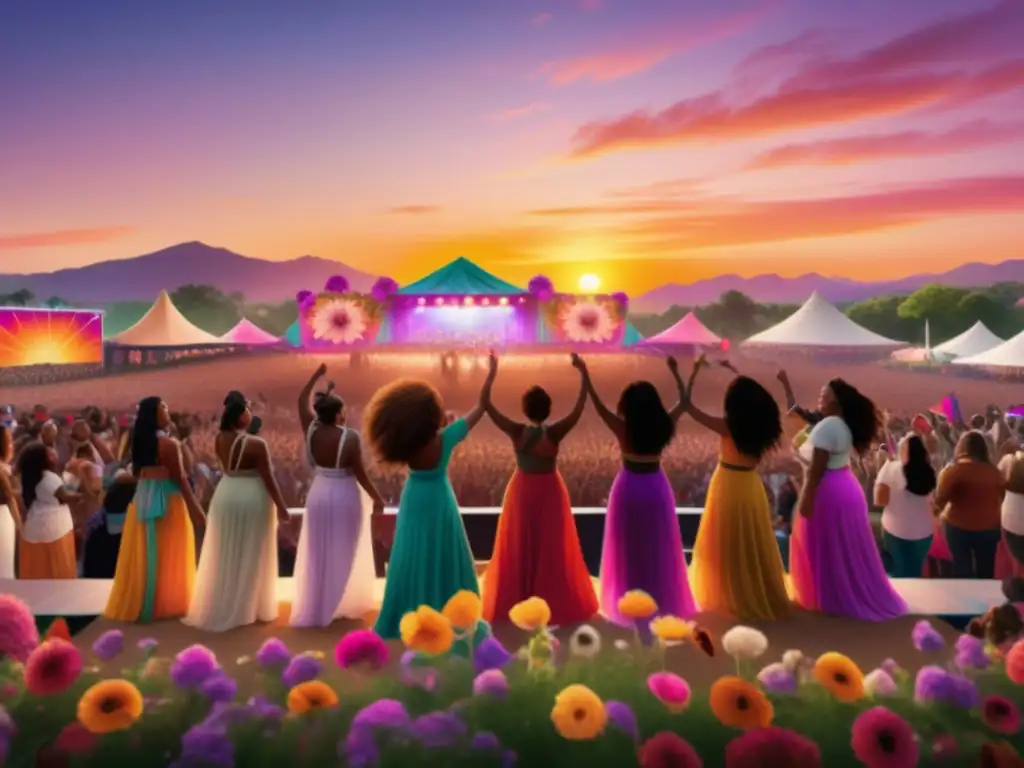 Evolución rol mujer festivales: imagen mágica de festival al atardecer con mujeres poderosas en escenario, inspirando unidad y creatividad