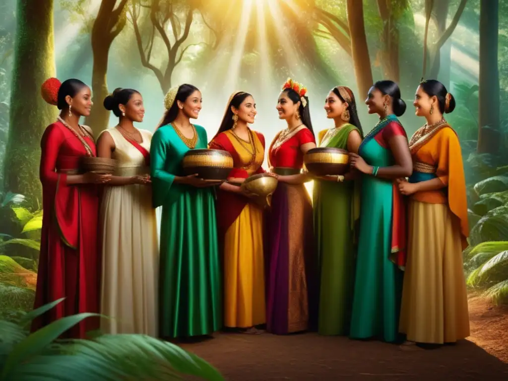 Mujeres de diferentes culturas y épocas en un bosque encantado, representando la importancia de las festividades tradicionales