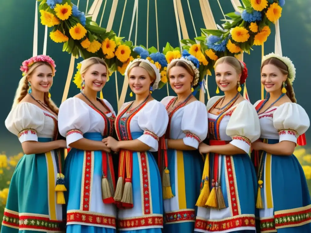 Mujeres ucranianas en festivales tradicionales con maypole y trajes bordados