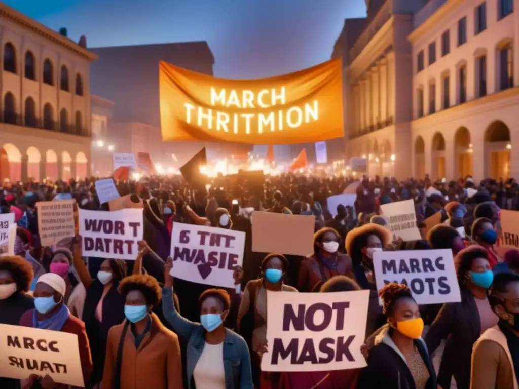 Marcha en plaza con multitud, luces y pancartas