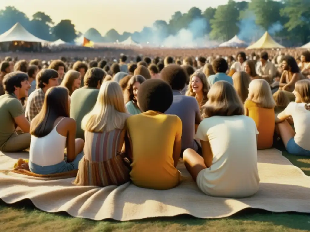 Multitud diversa y vibrante en el Festival de Woodstock, un momento icónico en la historia de la música