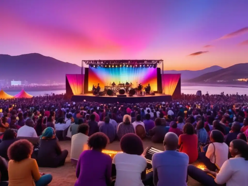 Festival música alternativa, diversidad y empoderamiento en escenario vibrante al atardecer