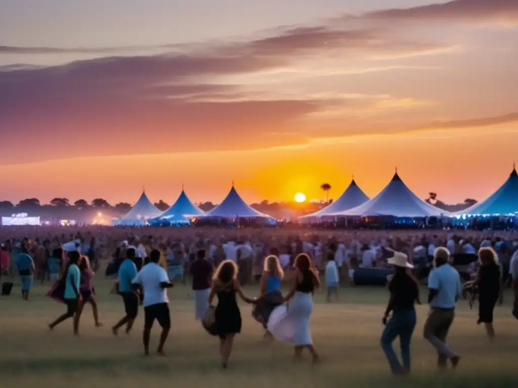 Festival musical al atardecer: energía y emoción en un escenario lleno de luces y colores (Importancia de la música en festivales)