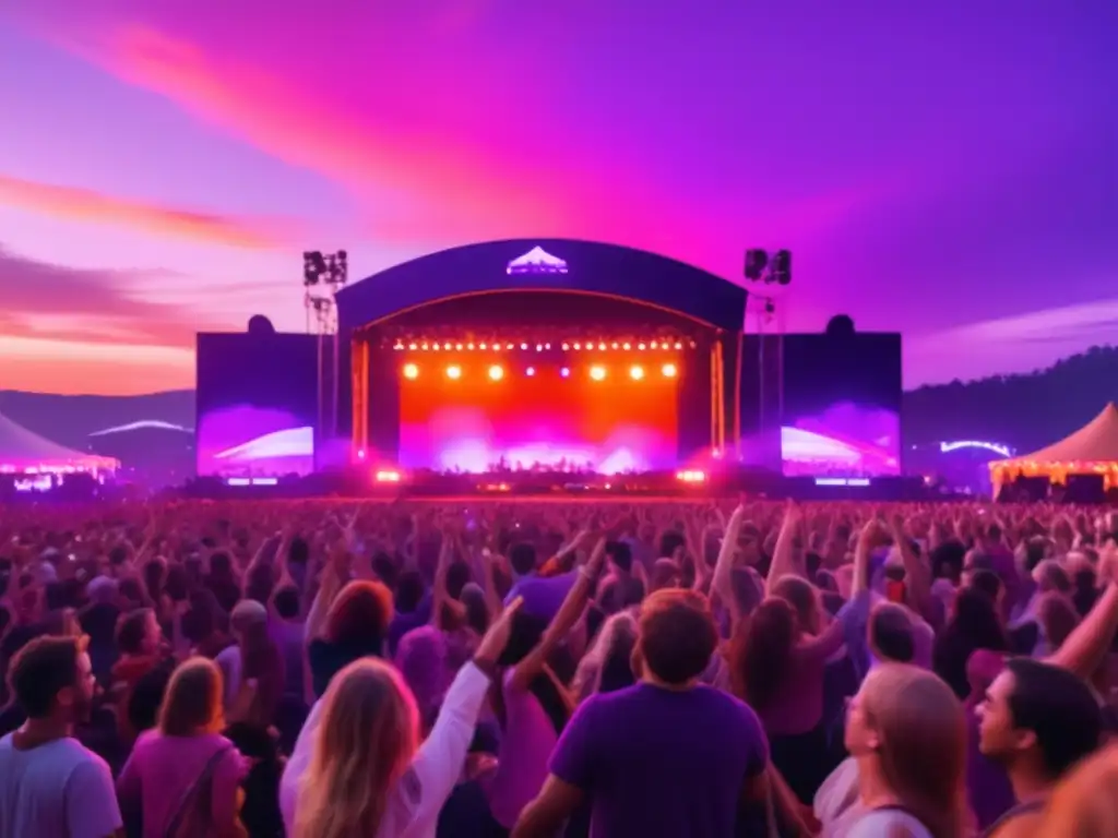 Escena vibrante y etérea de un festival de música al anochecer