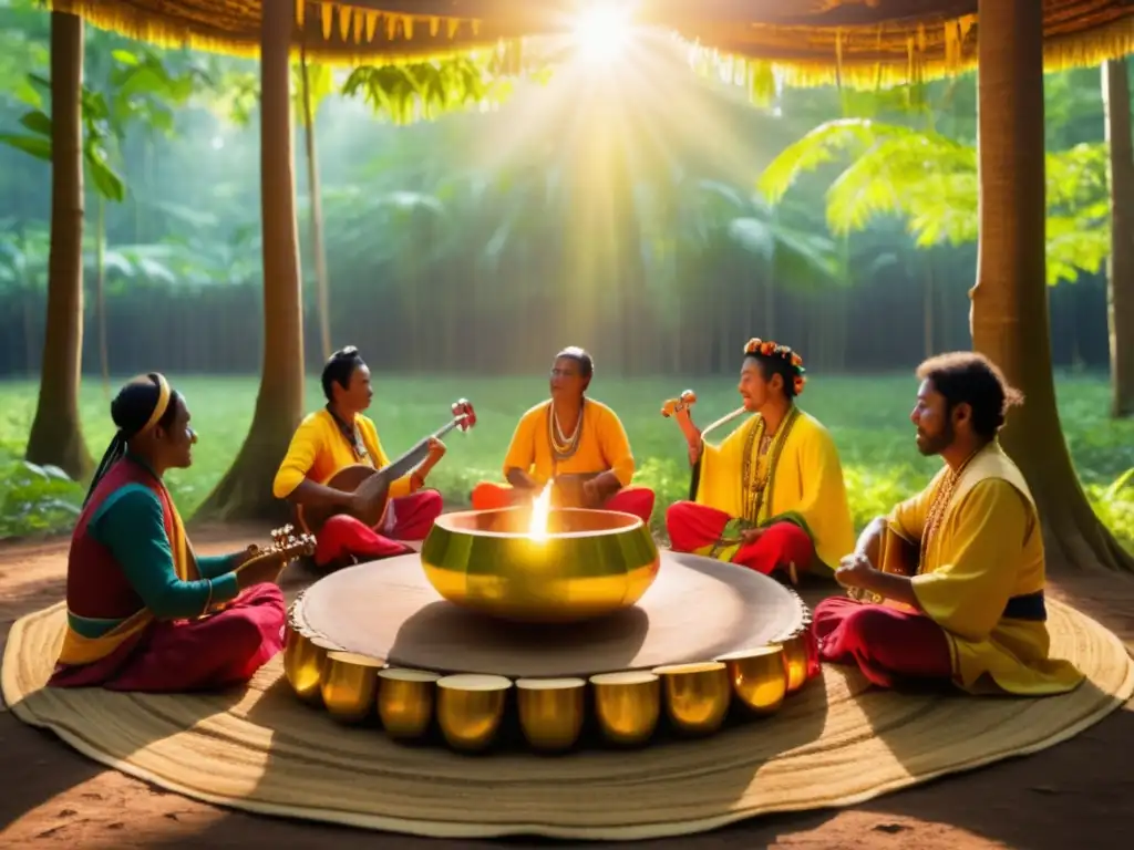 Rituales musicales tradicionales en un bosque encantador, con músicos vibrantes en un ambiente místico y melódico