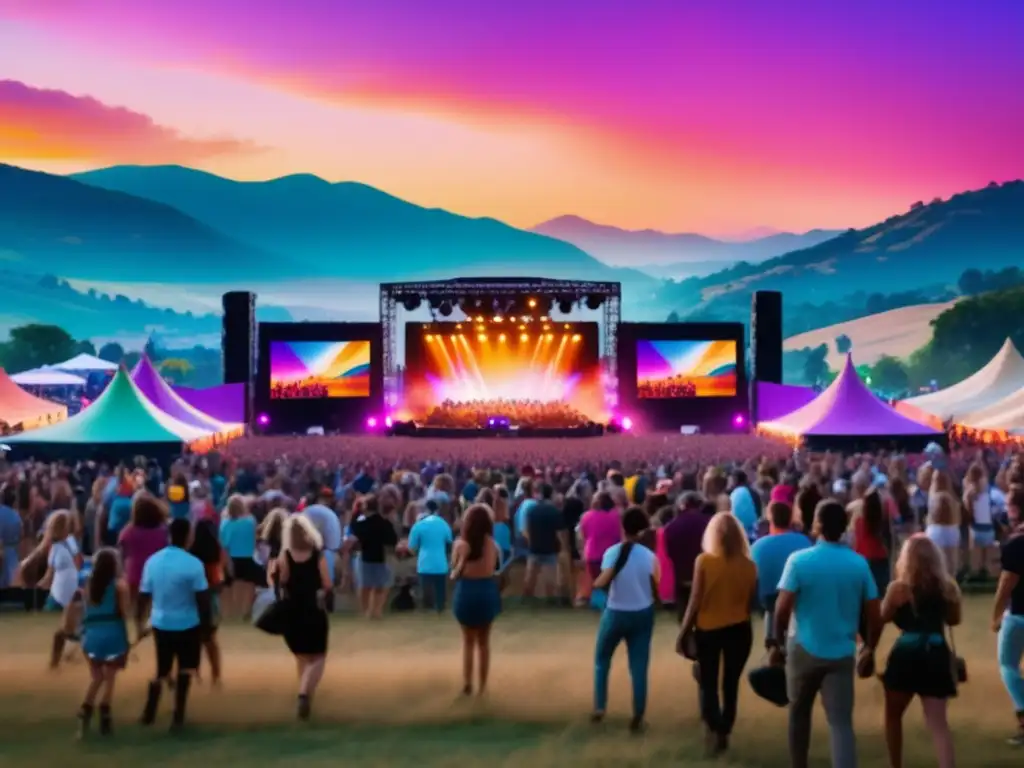 Festival de música vibrante y emocionante al atardecer, en un paisaje pintoresco con colinas y un cielo de atardecer vibrante