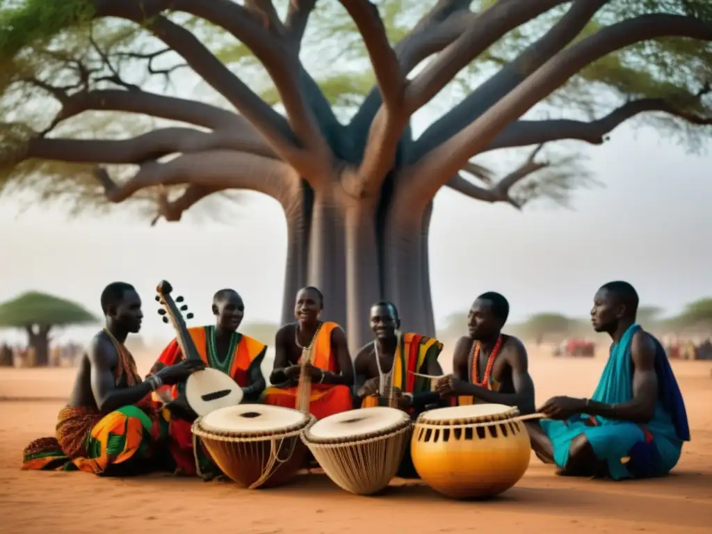 Festival música Kora Gambia: escena vibrante de músicos tocando la kora bajo majestuoso baobab, atrayendo alegre multitud