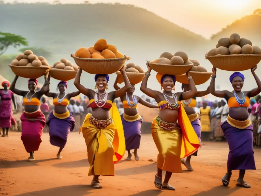 Celebración de cosecha de Yam en Nigeria: mujeres danzan con yams recién cosechados en paisaje radiante de tradición y abundancia