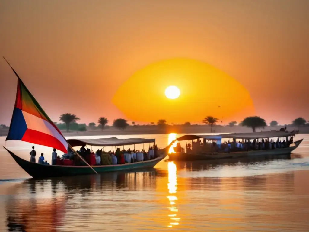 Festival Pesca Nilo Sudán: Celebración vibrante en el río al atardecer, barcos coloridos, paisaje tranquilo, rica cultura