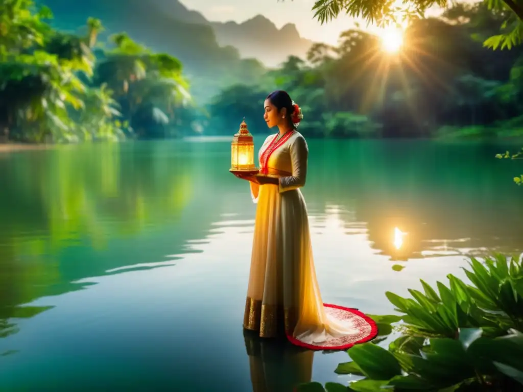 Joven en traje tradicional junto a un lago tranquilo - Festivales y celebraciones tradicionales