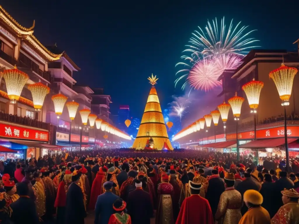 Vestuario tradicional en celebraciones de Año Nuevo en una vibrante y animada calle nocturna, con trajes elaborados y diversos