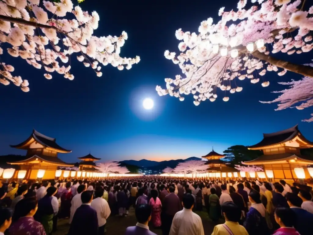 Festival Bon Odori Japón: danza de yukatas bajo la luna y los cerezos en flor