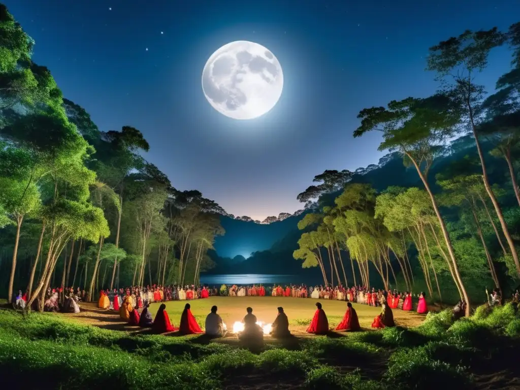 Trajes tradicionales de festivales lunares en una escena nocturna mágica de bosque iluminada por la luna