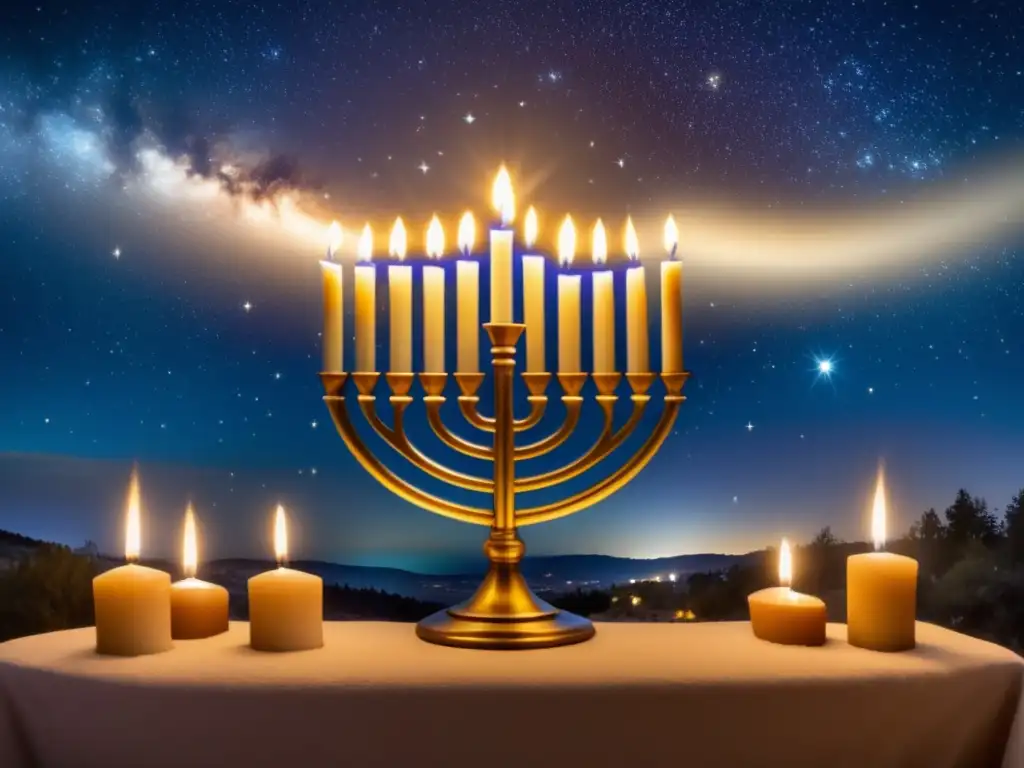 Noche estrellada con una majestuosa menorah que simboliza la historia y significado de Hanukkah