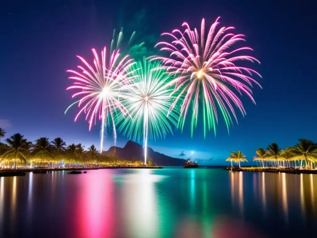 Celebración de Diwali en Mauricio: cielo nocturno lleno de fuegos artificiales y reflejo en el océano