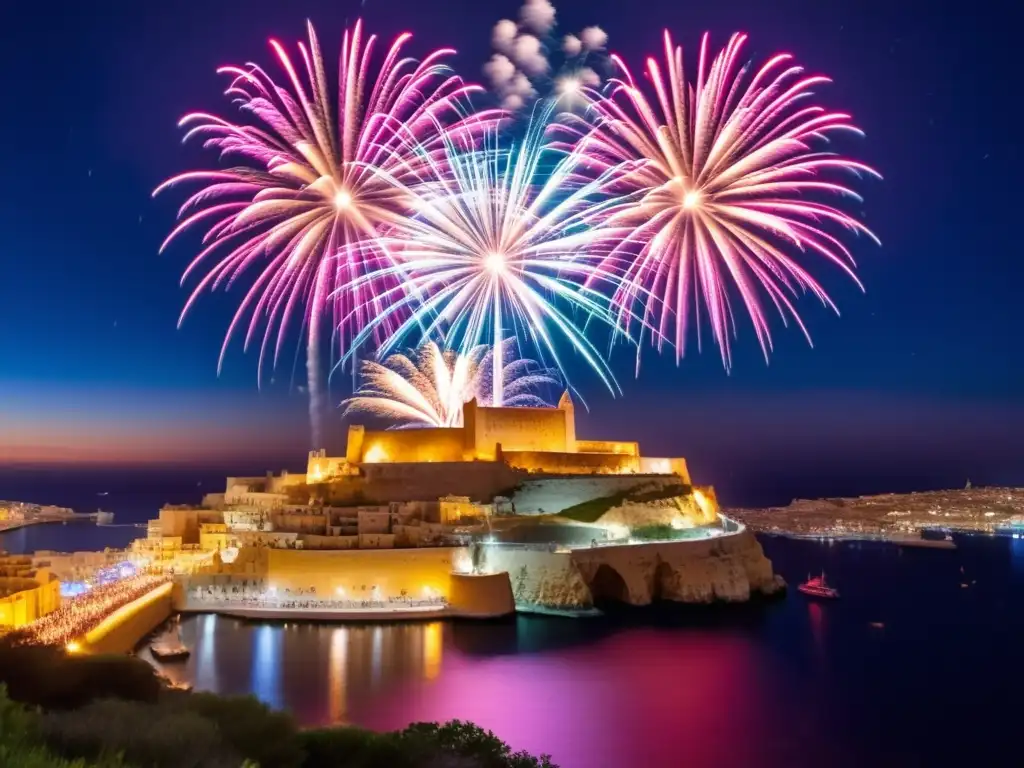 Fuegos artificiales y cielo nocturno sobre Malta en el Festival de los Fuegos Artificiales: un espectáculo mágico