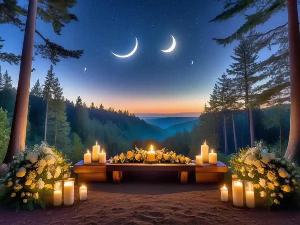 Altar con flores, cristales y velas evoca significado y rituales de la luna nueva