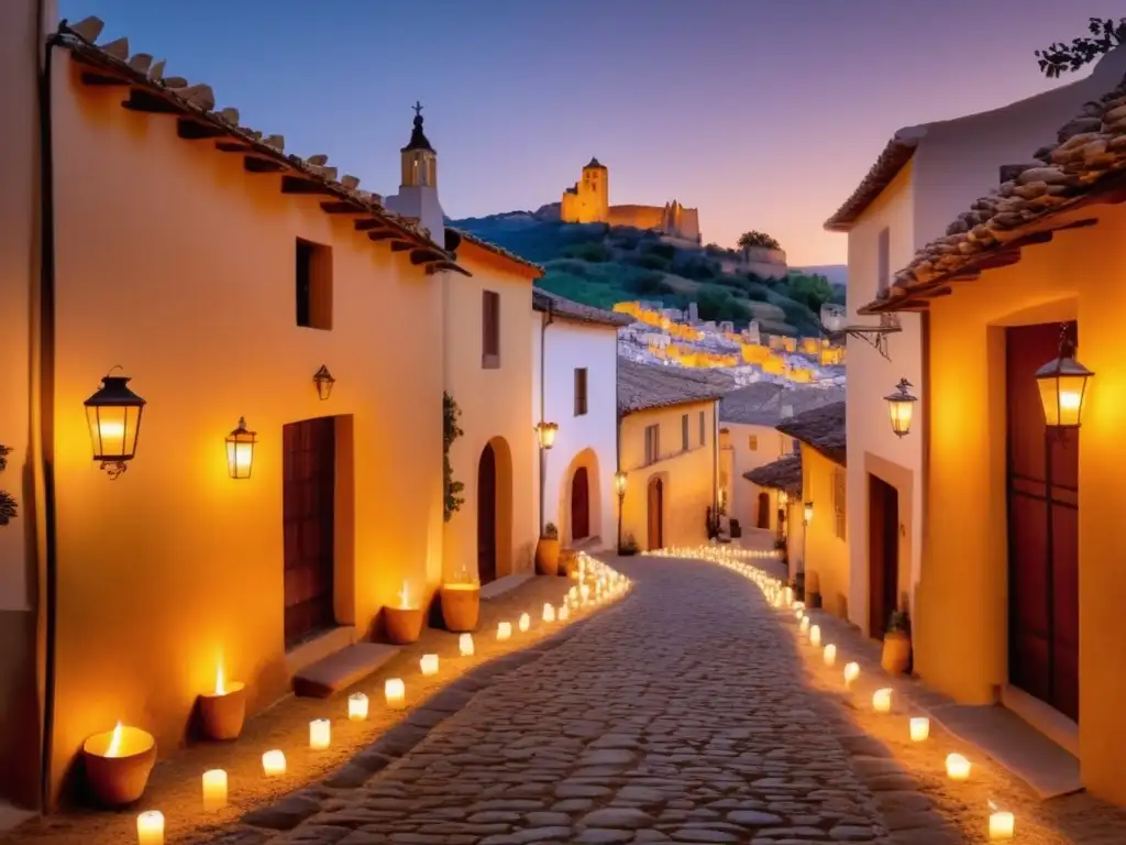 Escena fascinante de luminarias en un pueblo español, evocando tradición y belleza festiva