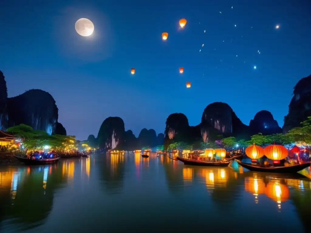 Encanto del Festival de la Luna en Vietnam: escena nocturna serena con linternas flotando, río tranquilo y paisaje exuberante