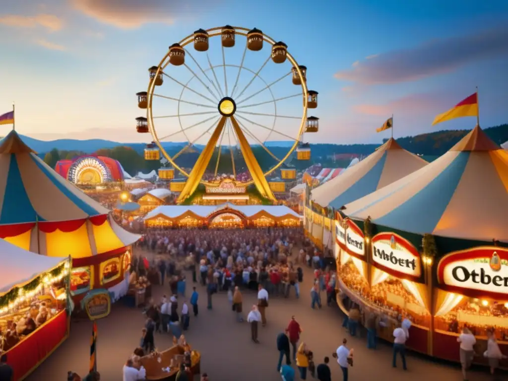 Tradición Oktoberfest Munich: Fotografía etérea del Oktoberfest al atardecer, con cálida iluminación dorada