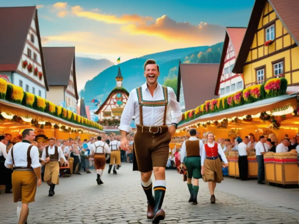 Celebración Oktoberfest: Escena vibrante de tradiciones alemanas con vestimenta típica y ambiente festivo