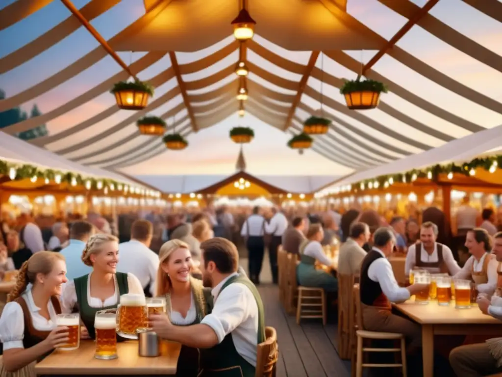 Celebración de Oktoberfest: Importancia de la cerveza en una imagen mágica y animada de un bullicioso tent de cerveza al atardecer