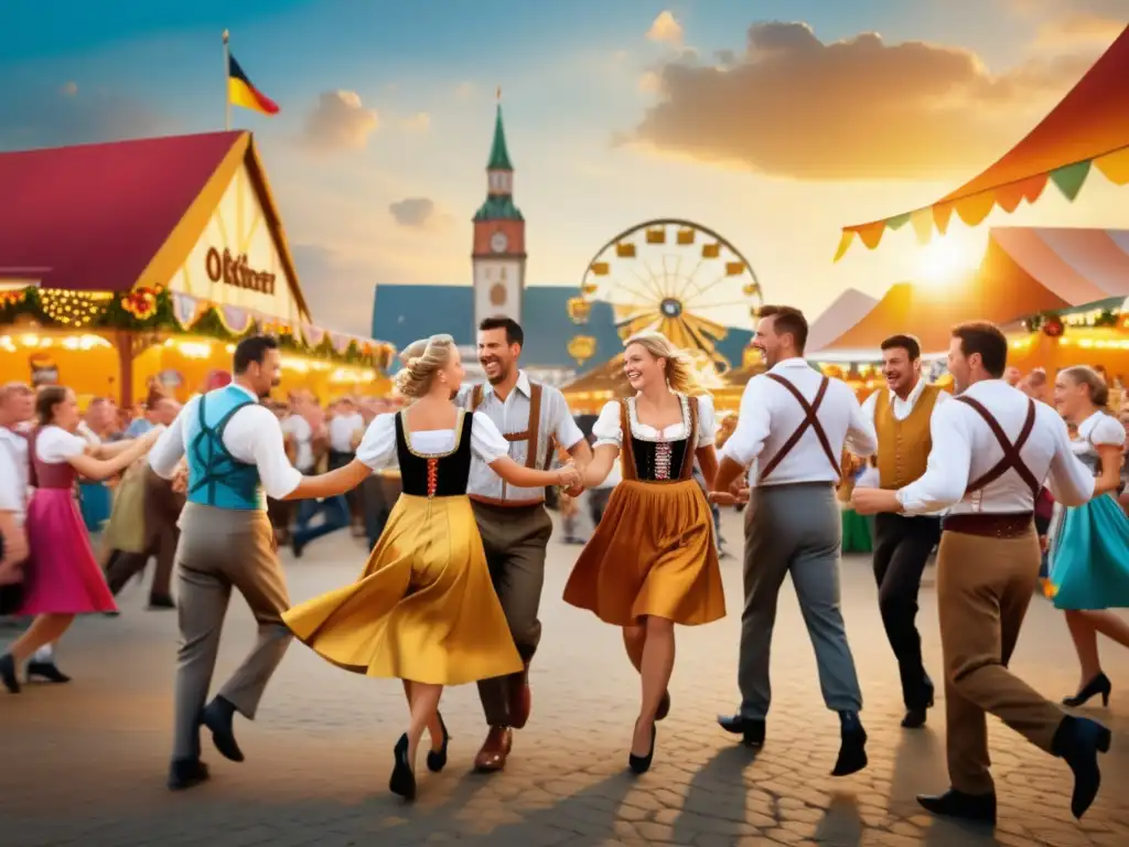 Historia y tradiciones del Oktoberfest en una imagen encantadora de la celebración con feria, música, y cerveza