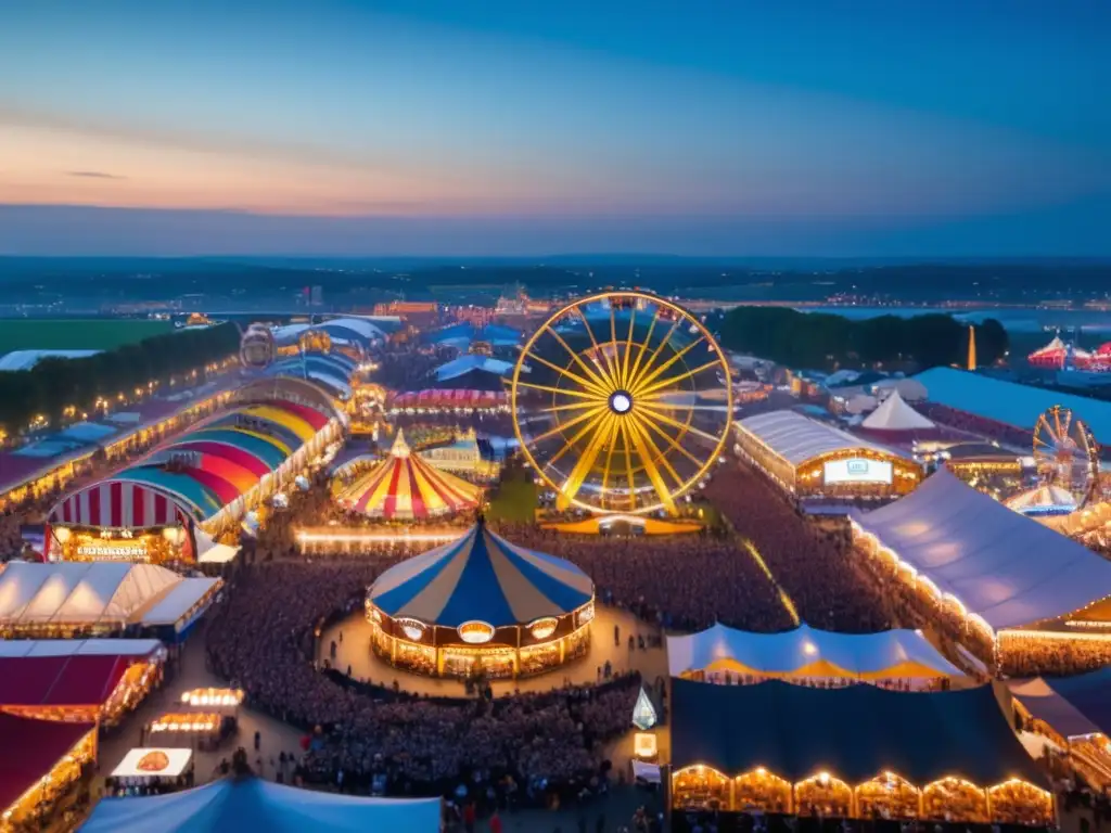 Vista impresionante del Oktoberfest al anochecer, con sus coloridas tiendas y multitudes animadas