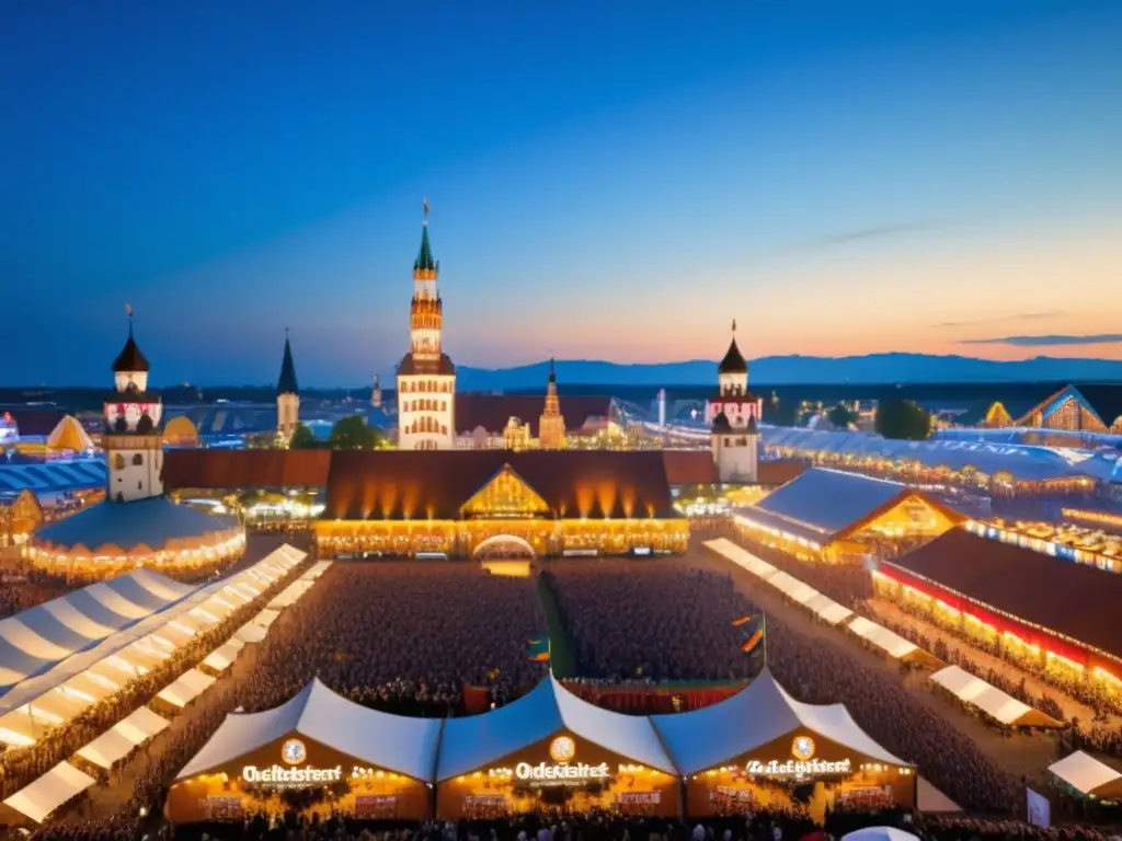 Historia Oktoberfest Alemana: Escena mágica del Oktoberfest en Munich, Alemania, con vibrantes luces, música alegre y tradiciones bávaras