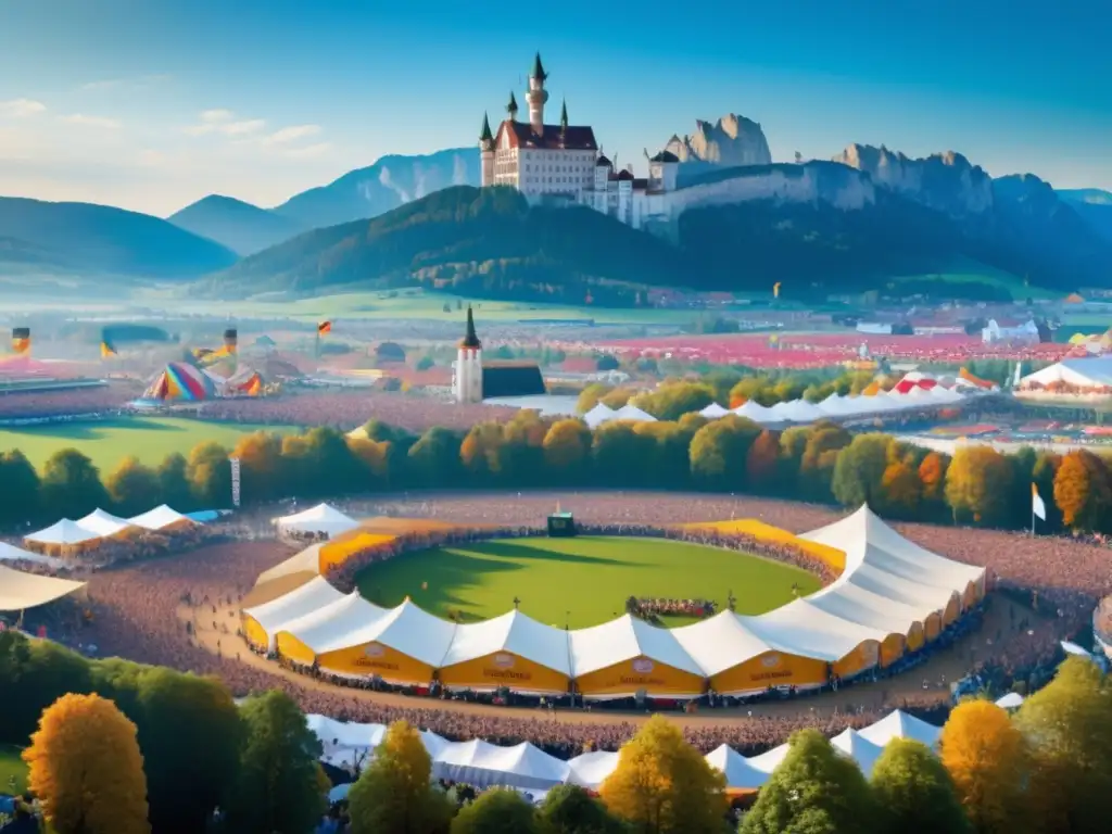 Tradición Oktoberfest Munich: Escena mágica y vibrante capturada en la festividad bávara con tiendas tradicionales, música y cerveza