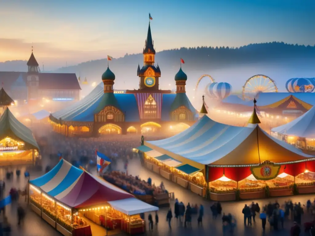 Historia Oktoberfest Alemana - Escena etérea y vibrante del Oktoberfest en Munich al amanecer