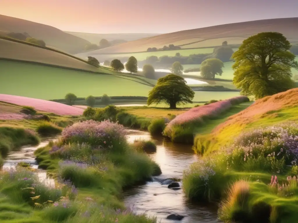 Un paisaje encantador de la campiña británica al atardecer, con celebraciones tradicionales británicas con ginebra