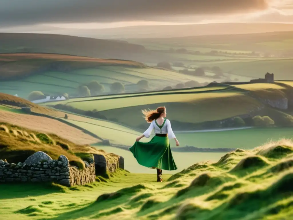 Paisaje irlandés al atardecer con bailarina irlandesa en vestimenta tradicional