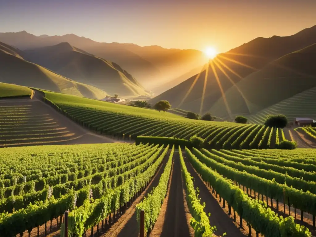 Celebraciones del pisco en Chile y Perú: imagen mágica de viñedo al atardecer con tradicionales copas y botellas de pisco