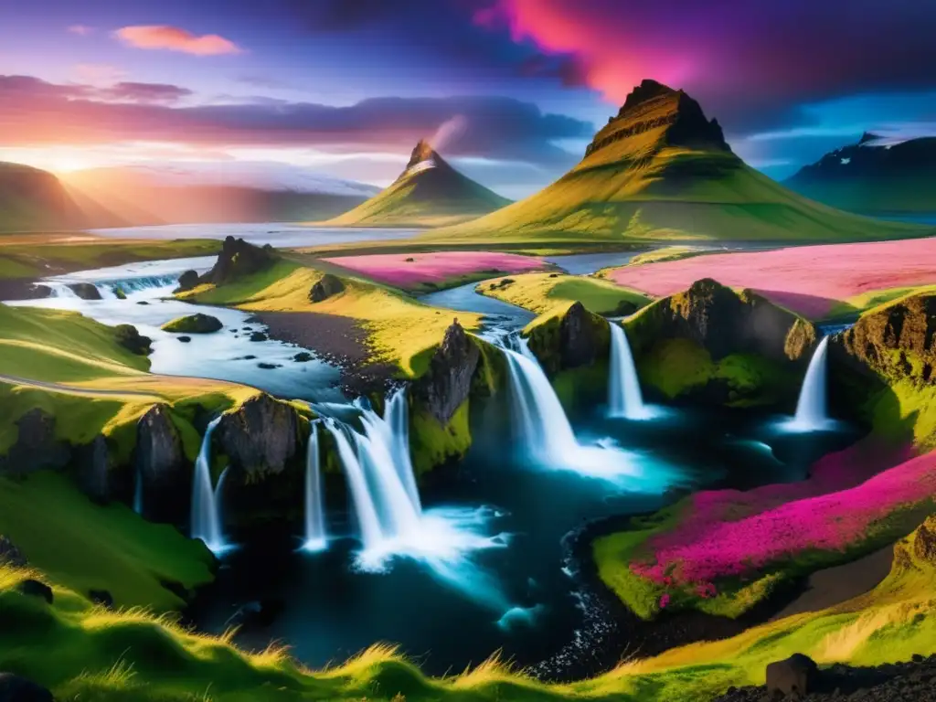 Paisaje mágico de Islandia: Festival de los Elfos, cascada, montañas y río cristalino